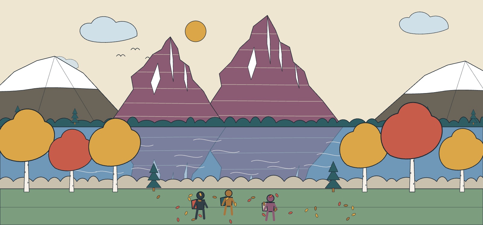 Illustration of the Maroon Bells reflected in Maroon Lake, framed by golden aspens, with hikers on the shore path