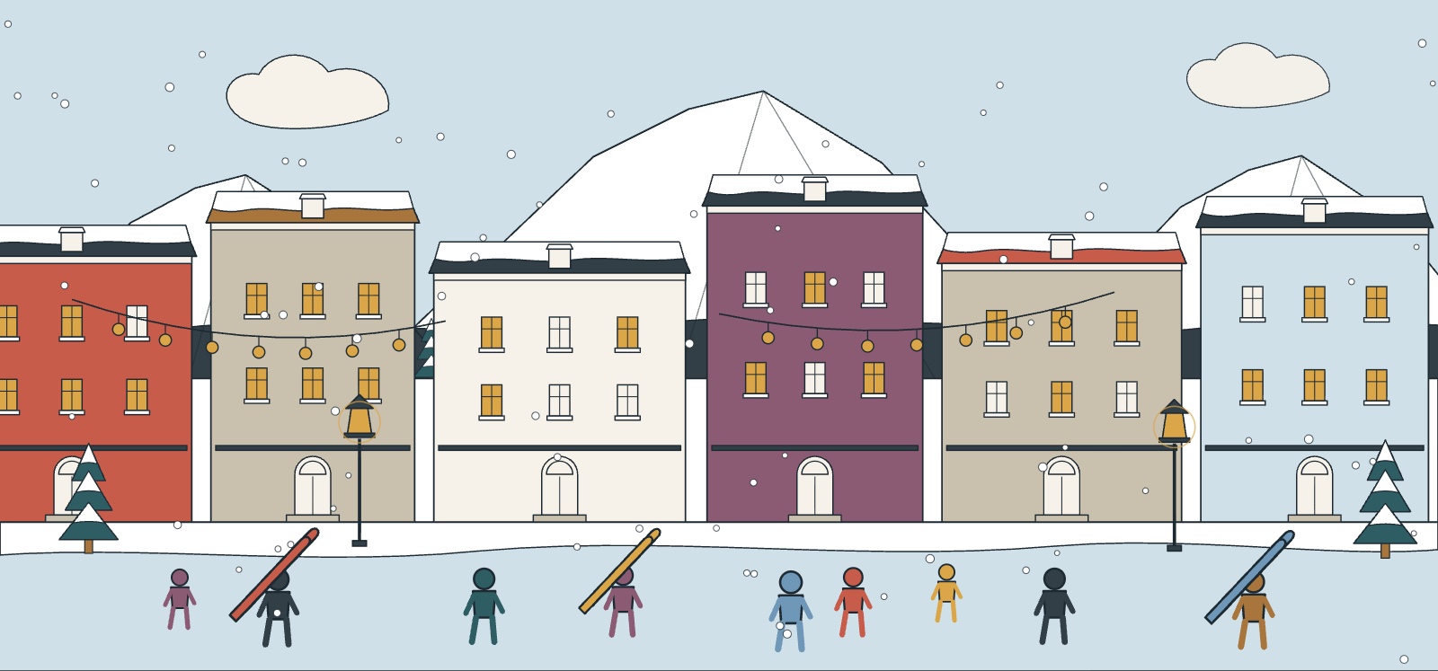 Illustration of downtown Aspen in winter: Victorian storefronts under snow, garlands, skiers walking in the street